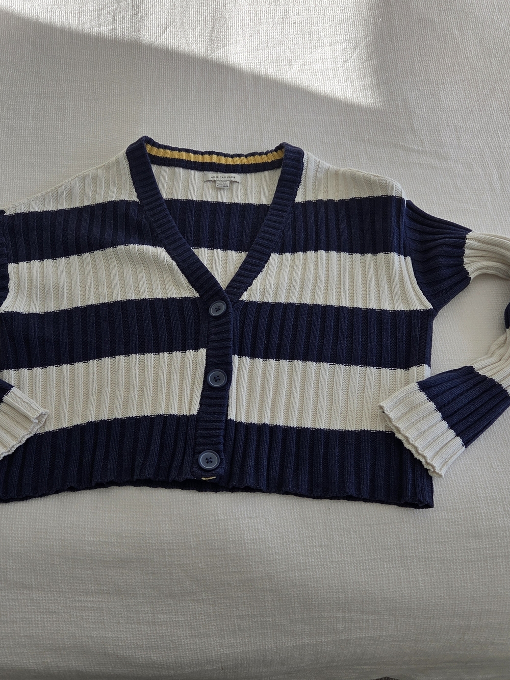 Striped Navy and Cream Ribbed V-Neck Cardigan Sweater